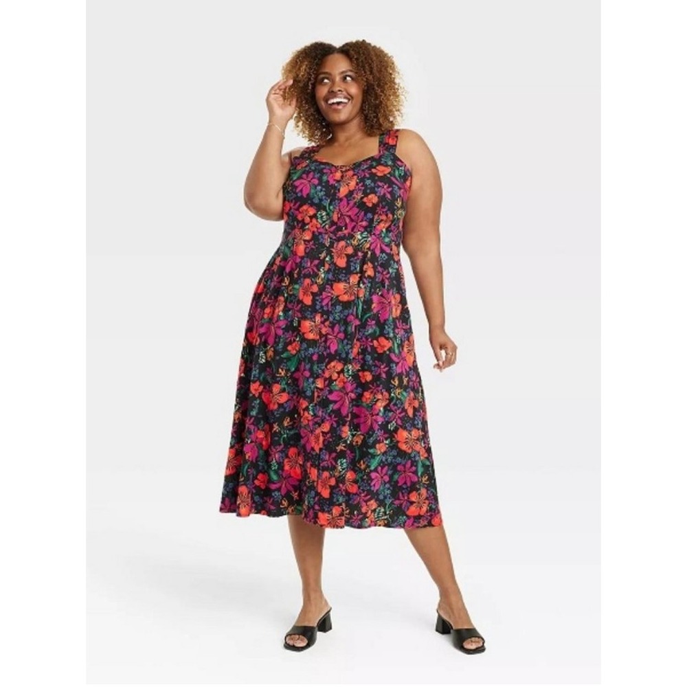 Ava & Viv Womens 2X Floral Button Front Midi Dress Black Pink Sleeveless Pockets